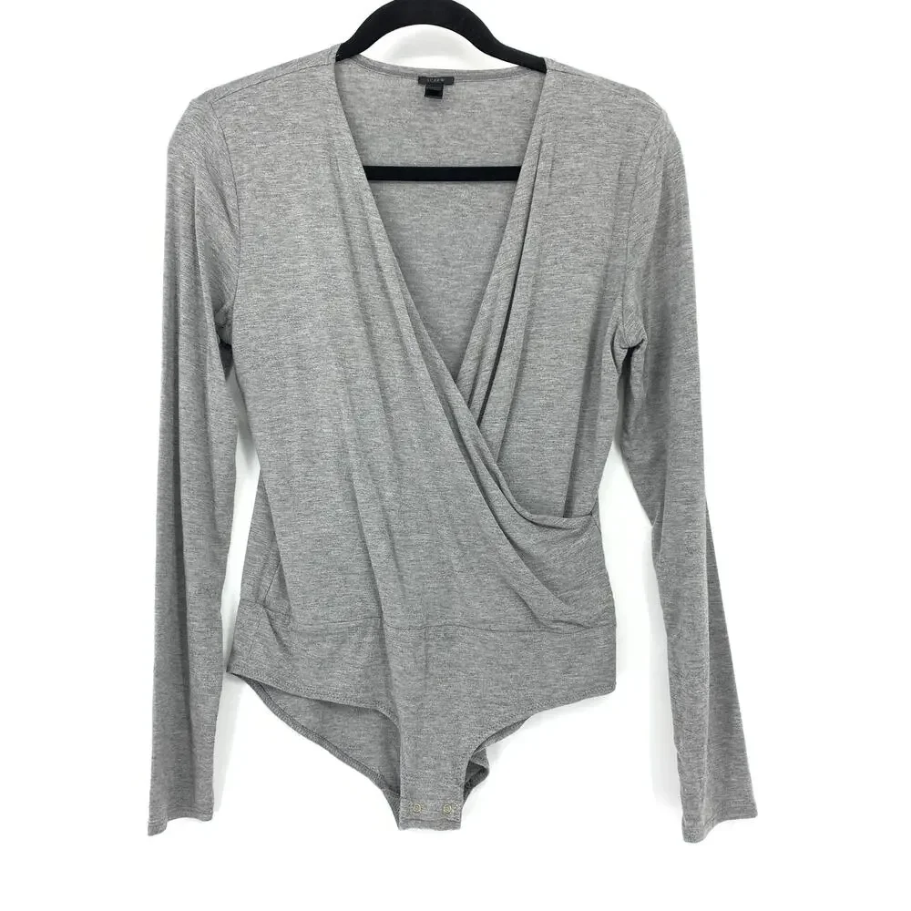J. Crew Surplice Faux Wrap Neck Long Sleeve Bodysuit Womens Sz M Heather Gray